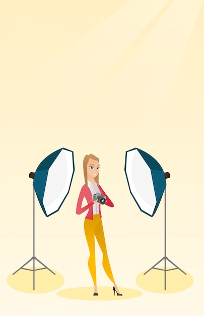 Vector photographer with a camera in a photo studio.