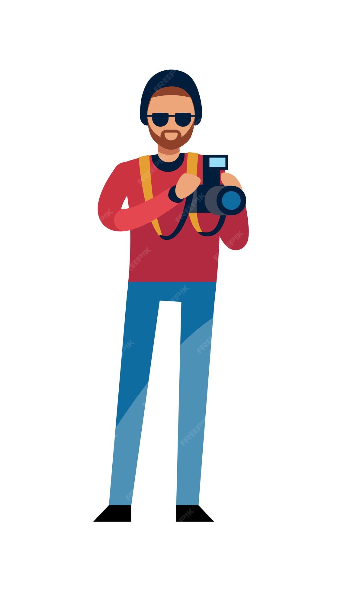 Journalist. Male Character on a White Background with a Camera and