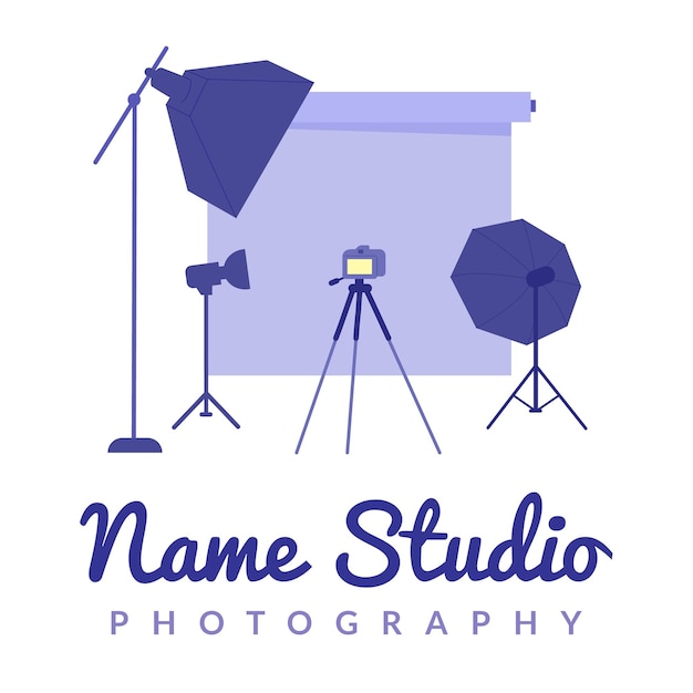 Photographer workplace emblem Photograpghy studio logo professional camera photograph equipment modern photo session brand tripod backstage isolated silhouette vector illustration