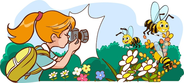 Вектор Фотограф молодая девушка и пчела