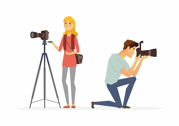 Photographers - cartoon people characters illustration isolated\
on white background. two young smiling people at work taking\
pictures with professional equipment, one camera is on a\
tripod