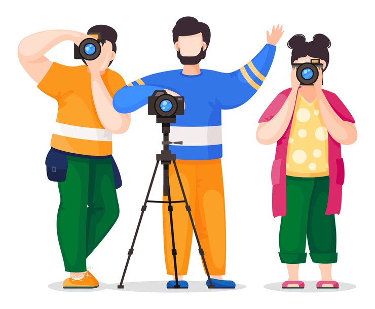 Vector photographers or paparazzi taking photo, shooting with reflex camera, digital camera, front view. photo journalists