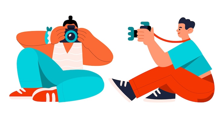 Vector photographers sit in funny positions and take pictures with cameras