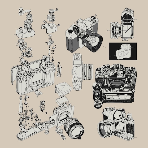 벡터 아날로그 필름 카메라 다이어그램 레트로 로고 빈티지 일러스트레이션 디자인 터 요소