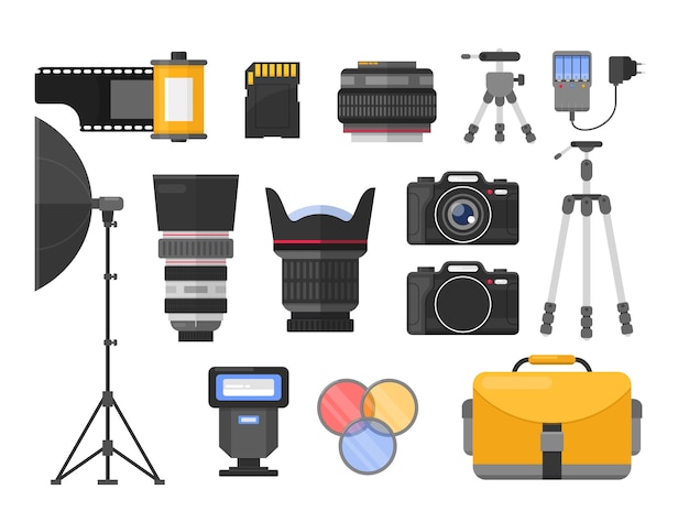 벡터 사진 장비 평면 그림을 설정합니다. 다른 카메라 렌즈. 전문 사진 스튜디오 액세서리. 소프트 박스 및 삼각대. 사진 작가, 카메라맨 도구. 롤 및 sd 메모리 카드.