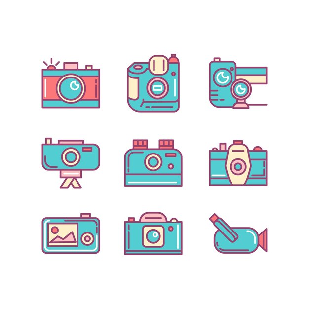 Photography Equipment Sings Set Dunne lijn kunst iconen