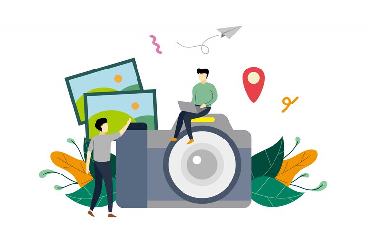 Vector photography industry, photography courses flat illustration with big camera and small people