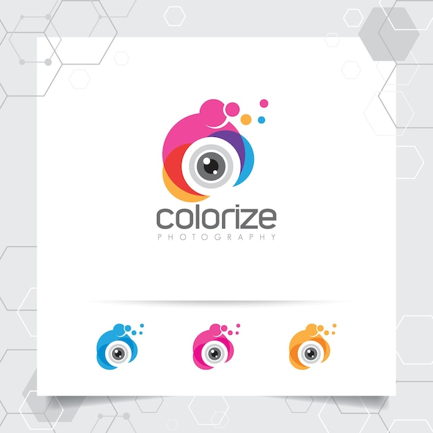 Logo design fotografico con il concetto di vettore dell'obiettivo della fotocamera colorato per fotografo e studio