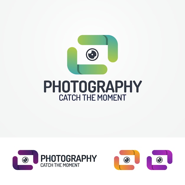 Photography logo set with lens and lines modern color style for use photostudio, photoalbum, photoschool, photoeducation, photolaboratory, food photo; wedding and etc. vector illustration