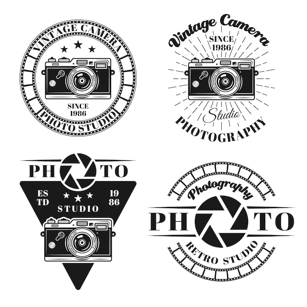 Photography and photo studio set of four vector emblems, badges, labels or logos in vintage monochrome style isolated on white background