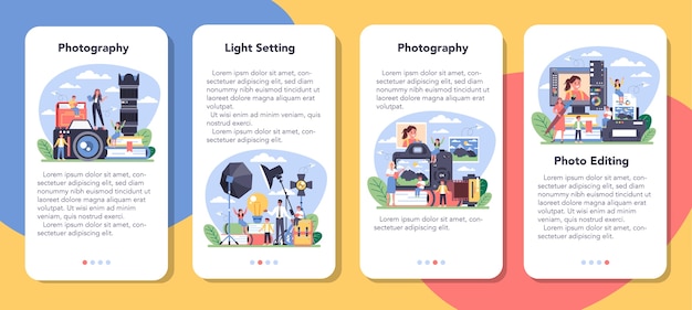 Photography school course mobile application banner set.
