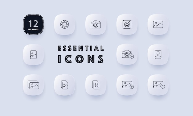 Photography set icon Camera Photo Photographer objectiv Gallery Image Lens document Effects Favorites Likes Media concept Neomorphism style Vector line icon for Business and Advertising