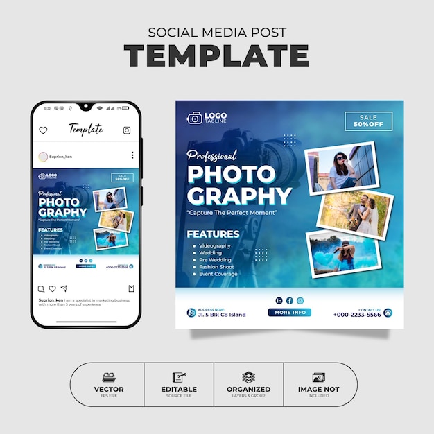 Photography social media instagram post and banner template for promotion