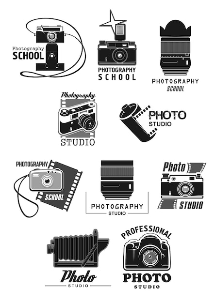 Vector photography studio icon set with photo camera