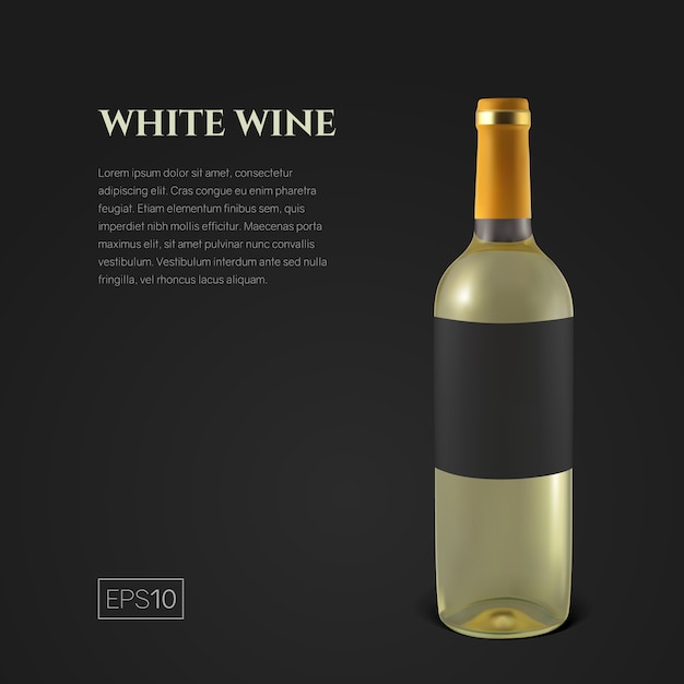 Фотореалистичная бутылка белого вина на черном фоне. прозрачная бутылка вина. шаблон для презентации продукта или рекламы в минималистичном стиле.