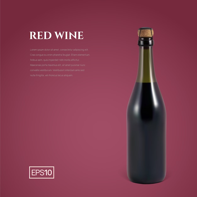 Vector photorealistic bottle of red sparkling wine on burgundy