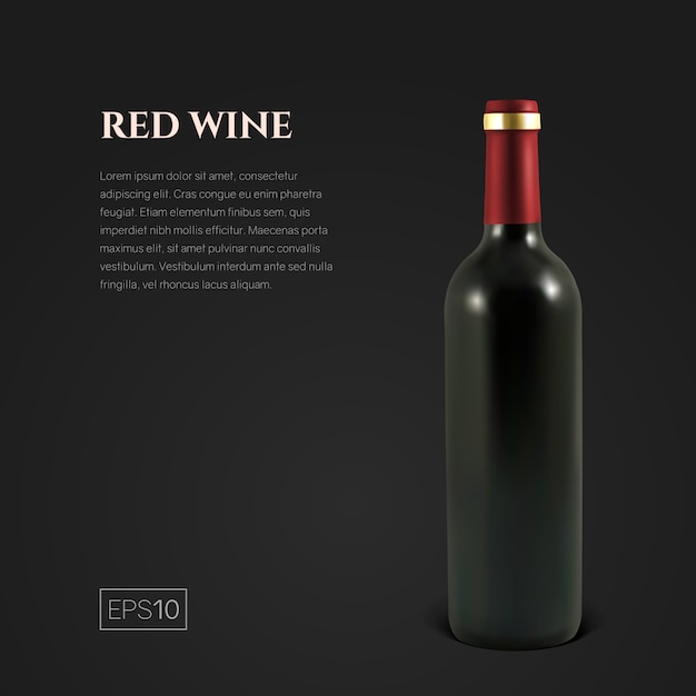 Vector photorealistic bottle of red wine on black