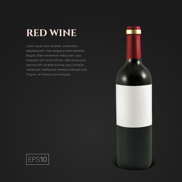 Vector photorealistic bottle of red wine on black