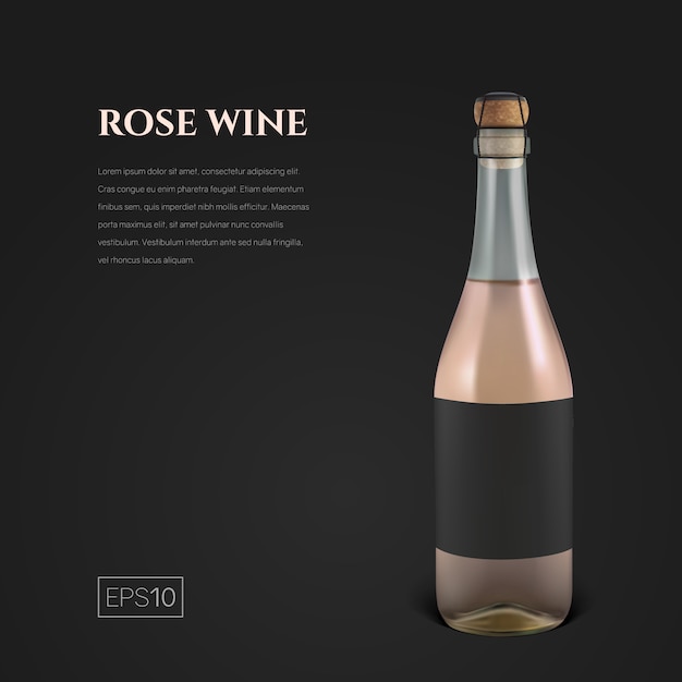 Vector photorealistic bottle of rose sparkling wine on black