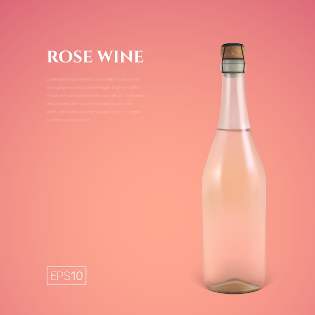 Bottiglia fotorealistica di spumante rosa sul rosa