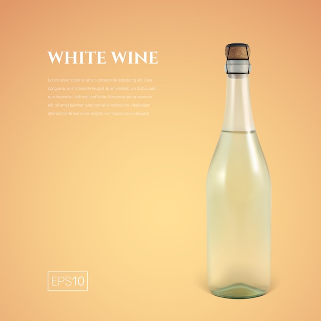 Vector photorealistic bottle of white sparkling wine on yellow