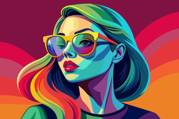 Vector photorealistic image of a woman wearing a stylish pair of sunglasses with a vibrant gradient lens