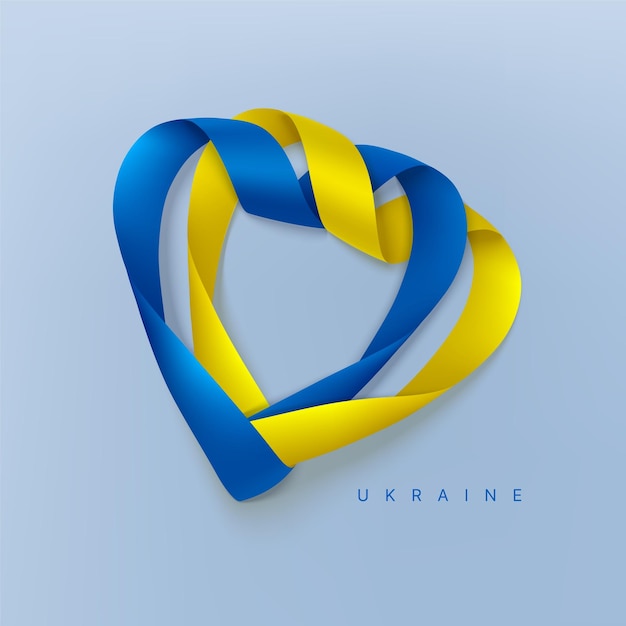 Photorealistic rolled into a heart shape ribbons in the colors of the flag of Ukraine