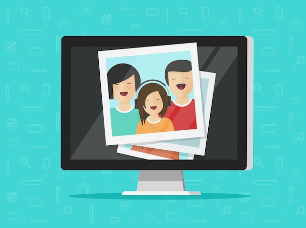 Photos on computer screen or multimedia idea illustration