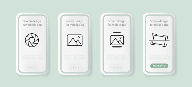 Icona del set di servizi fotografici visualizzazione dell'immagine della foto dell'otturatore elimina il negozio prendi l'interfaccia utente del concetto di hobby schermate delle app del telefono icona della linea vettoriale per il business e la pubblicità