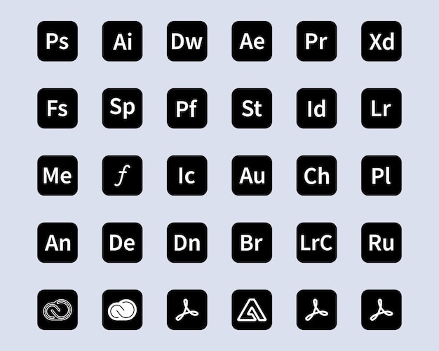 Vector photoshop lightroom adobe acrobat bridge spark illustrator experience designm after effect indesign experience cloud logotype etc adobe application logo black color editorial