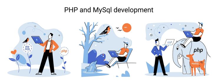 Vector php and mysql development metaphor software website developer with computer programmer service open source general purpose programming language scripting web applications allows to create programs