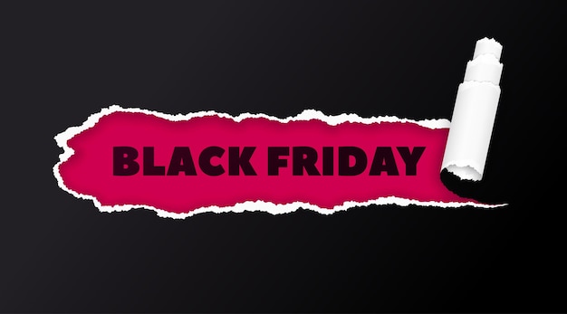 Vector phrase black friday on pink paper view through torn hole