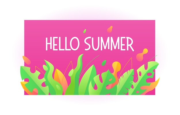 Vettore frase hello summer con testo, decorazione foglia tropicale.