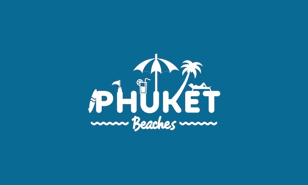 Vettore lo stile tipografico del logo della spiaggia di phuket sullo sfondo blu