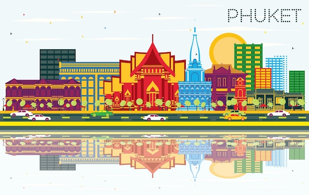 Vector phuket thailand city skyline with color buildings blue sky and reflections