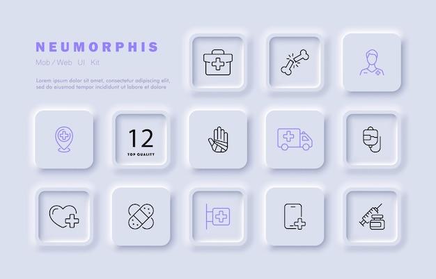 물리 세트 아이콘 의학 골절 붕대 점 적기 구급차 주입 점 적기 약국 응급 처치 키트 건강 관리 개념 Neomorphism 스타일 비즈니스 및 광고에 대 한 벡터 라인 아이콘