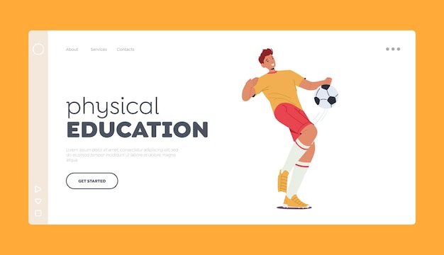 Physical Education Landing Page Template Young Football Player Hit Ball with Knee Sportsman Character in Team Uniform