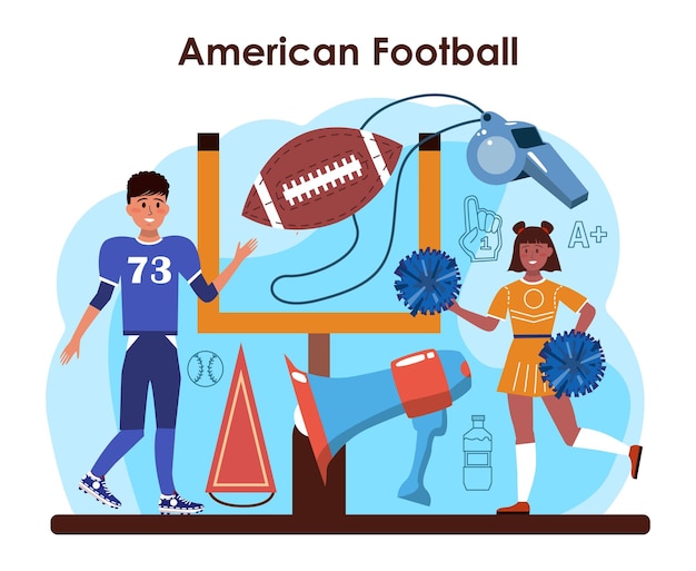 Educazione fisica o concetto di classe sportiva scolastica. club della squadra della scuola di football americano. studenti che fanno esercizio in palestra con attrezzature sportive. illustrazione vettoriale piatta