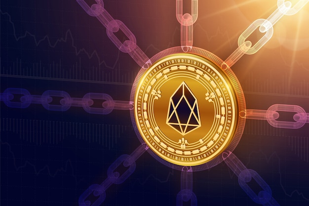 physical eos golden coin with wireframe chain. blockchain concept.
