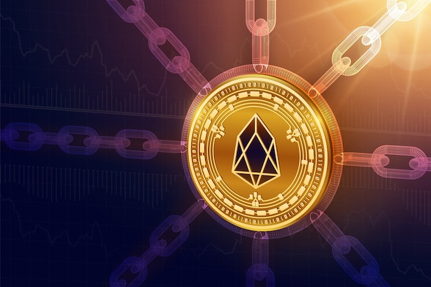 Physical eos golden coin with wireframe chain. blockchain concept.