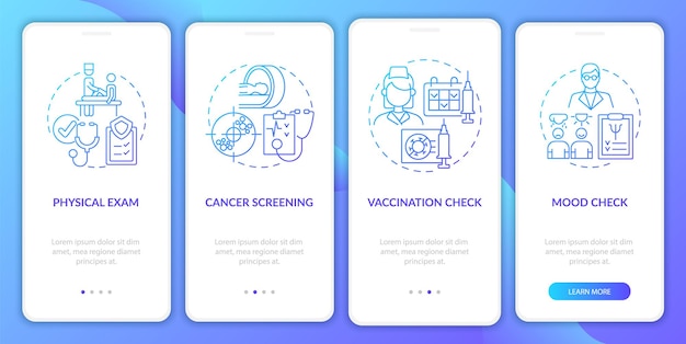 physical examination components blue gradient onboarding mobile app page screen. walkthrough 4 steps graphic instructions with concepts. ui, ux, gui vector template with linear color illustrations