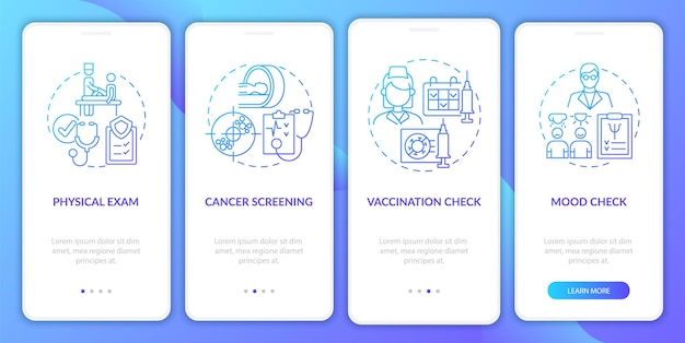Компоненты медицинского осмотра синий градиент на экране страницы мобильного приложения. прохождение 4 шага графические инструкции с понятиями. ui, ux, векторный шаблон gui с линейными цветными иллюстрациями
