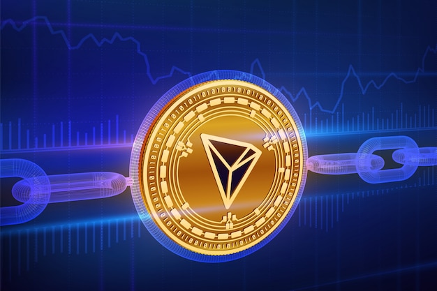 Fisica moneta tron dorata con catena wireframe. concetto di blockchain.