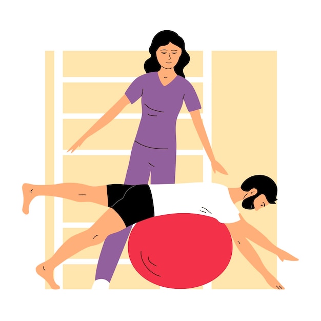 Physical rehabilitation clinic Doctor woman and patient man Balance on the ball Therapy and exercise