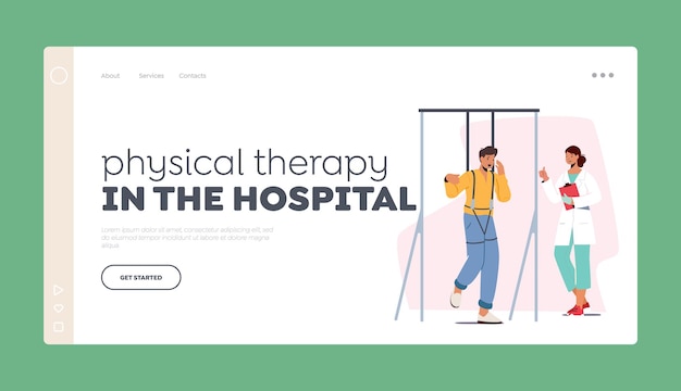 Physical Therapy in Hospital Landing Page Template Injured Character with Disability Apply Treatment or Rehabilitation