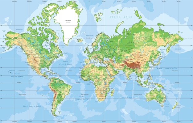 Vector physical world map in mercator projection