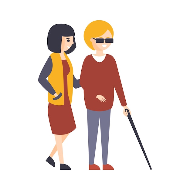 Vector physically handicapped person living full happy life with disability illustration with smiling blind woman walking with friend