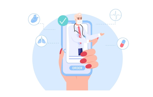 ベクトル フェイスマスクの医師のキャラクターは、モバイル画面アプリから薬を提供しています