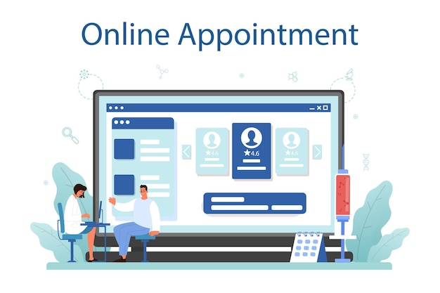 Physician or general healthcare doctor online service or platform Doctor caring about patient health Flu treatment Online appointment Vector flat illustration