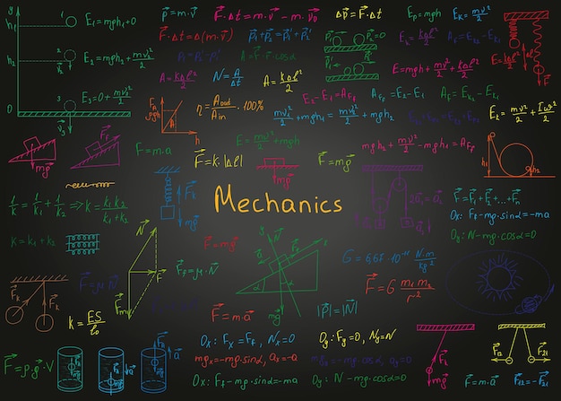 Formule colorate di fisica disegnate a mano su una lavagna nera per lo sfondo. illustrazione vettoriale.